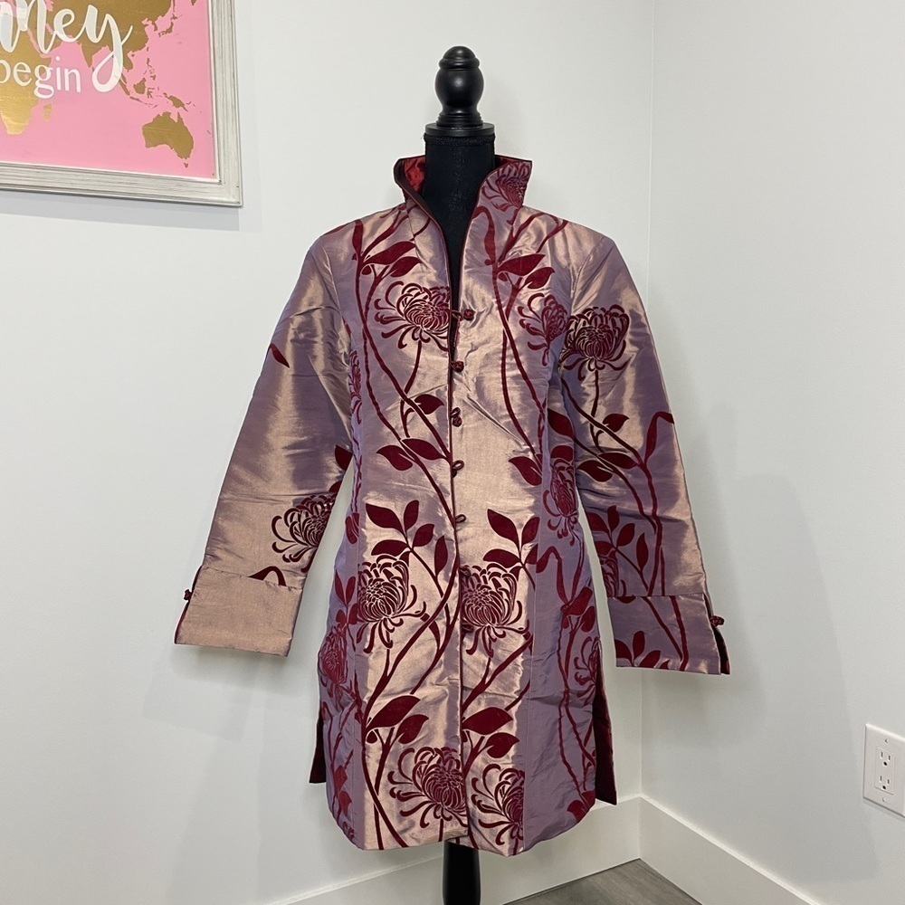 Miniye Asian Embroidered Red and Gray Kimono Coat